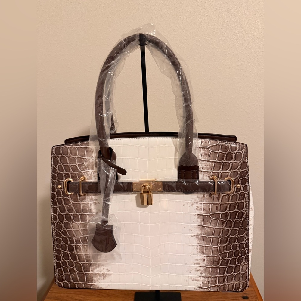 Elegant Brown and White Croc-Embossed Women's Bag
